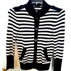 Petite Cardigan Navy Blue White Striped Nautical Military Beach